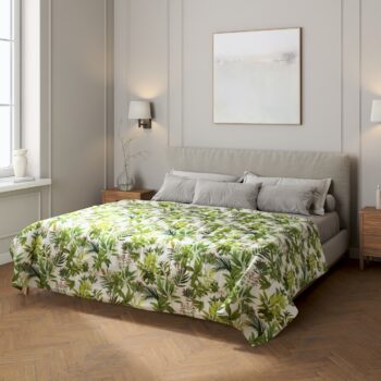 Prehoz  s pozdĺžným prešívaním, zeleno - červené rastliny na bielom podklade, Tropical Island, 143-69