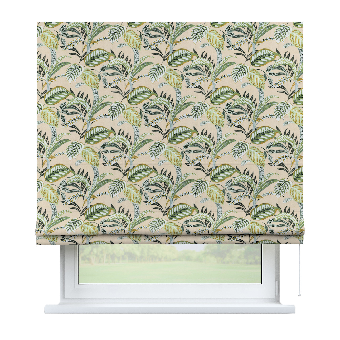 Rímska Roleta Bari, olivovozelené kvety na ľanovom podklade, Tropical Island, 142-96 Rímska Roleta Bari, olivovozelené kvety na ľanovom podklade, Tropical Island, 142-96
