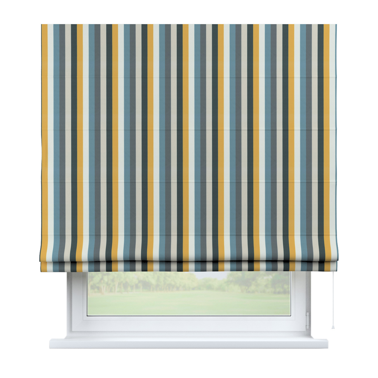 Rímska Roleta Bari, pásy v odtieňoch žlto-hnedo-modrých farbách, Vintage 70's, 143-59 Rímska Roleta Bari, pásy v odtieňoch žlto-hnedo-modrých farbách, Vintage 70's, 143-59