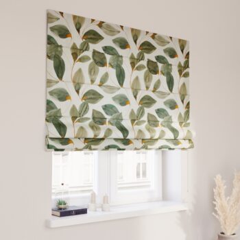 Rímska roleta Capri, pomarančovo - hnedé listy na sivom plátne, Abigail, 143-17