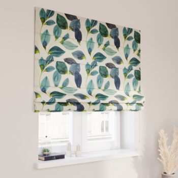 Rímska roleta Capri, smaragdovo - zelené listy s fialovým nádychom na plátne, Abigail, 143-15