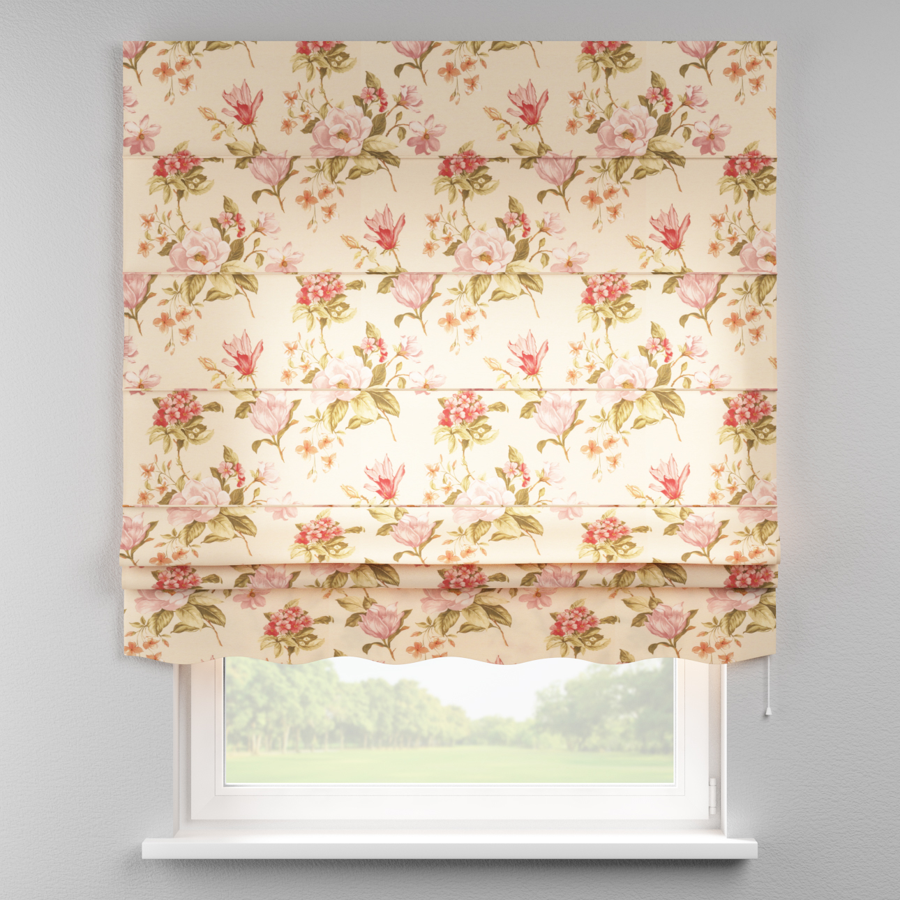 Rímska roleta Florencia, výrazný vzor ružovozelené kvety na ľanovom podklade , Londres, 143-87 Rímska roleta Florencia, výrazný vzor ružovozelené kvety na ľanovom podklade , Londres, 143-87