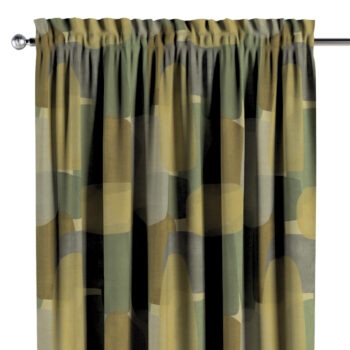 Záves s tunelom a volánom, geometrické vzory v zeleno - hnedých farbách, Vintage 70's, 143-72