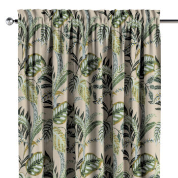 Záves s tunelom a volánom, olivovozelené kvety na ľanovom podklade, Tropical Island, 142-96