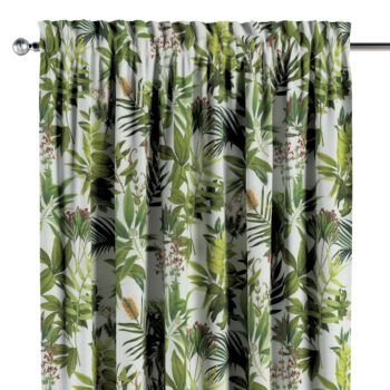 Záves s tunelom a volánom, zeleno - červené rastliny na bielom podklade, Tropical Island, 143-69