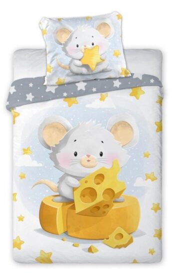 Bavlnené posteľné obliečky do postieľky s myškou 2 časti: 1ks 100  x 135 cm + 1ks 40 x 60 cm