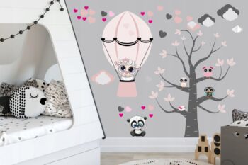Detská ružová nálepka na stenu lietajúca ovečka a sovy 100 x 200 cm