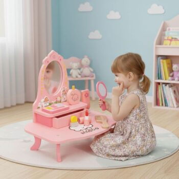 Drevená detská toaletka - toaletný stolík so zrkadlom a 7 doplnkami