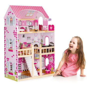 Drevený domček pre bábiky s LED osvetlením a nábytkom