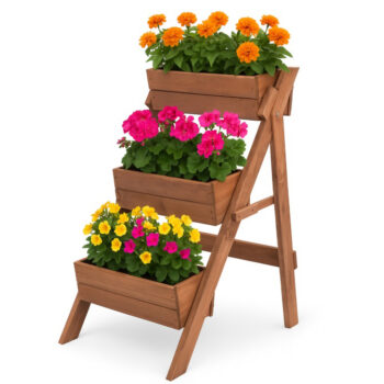 Drevený stojan na kvety — 3-poschodový kvetináč z prírodného dreva