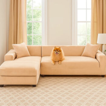 Elastický zamatový poťah na rohovú pohovku 145-185 cm + obliečka na vankúš béžová