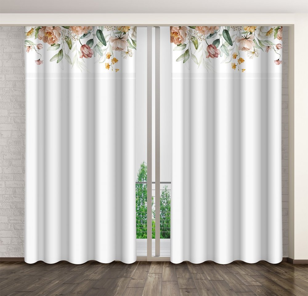 Elegantný biely záves s potlačou farebných kvetov Dĺžka: 250 cm Elegantný biely záves s potlačou farebných kvetov Dĺžka: 250 cm