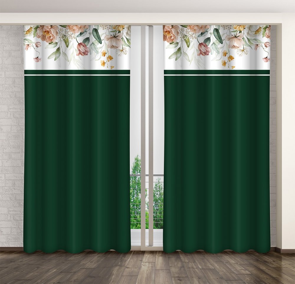 Elegantný smaragdovo zelený záves s potlačou farebných kvetov Dĺžka: 270 cm Elegantný smaragdovo zelený záves s potlačou farebných kvetov Dĺžka: 270 cm