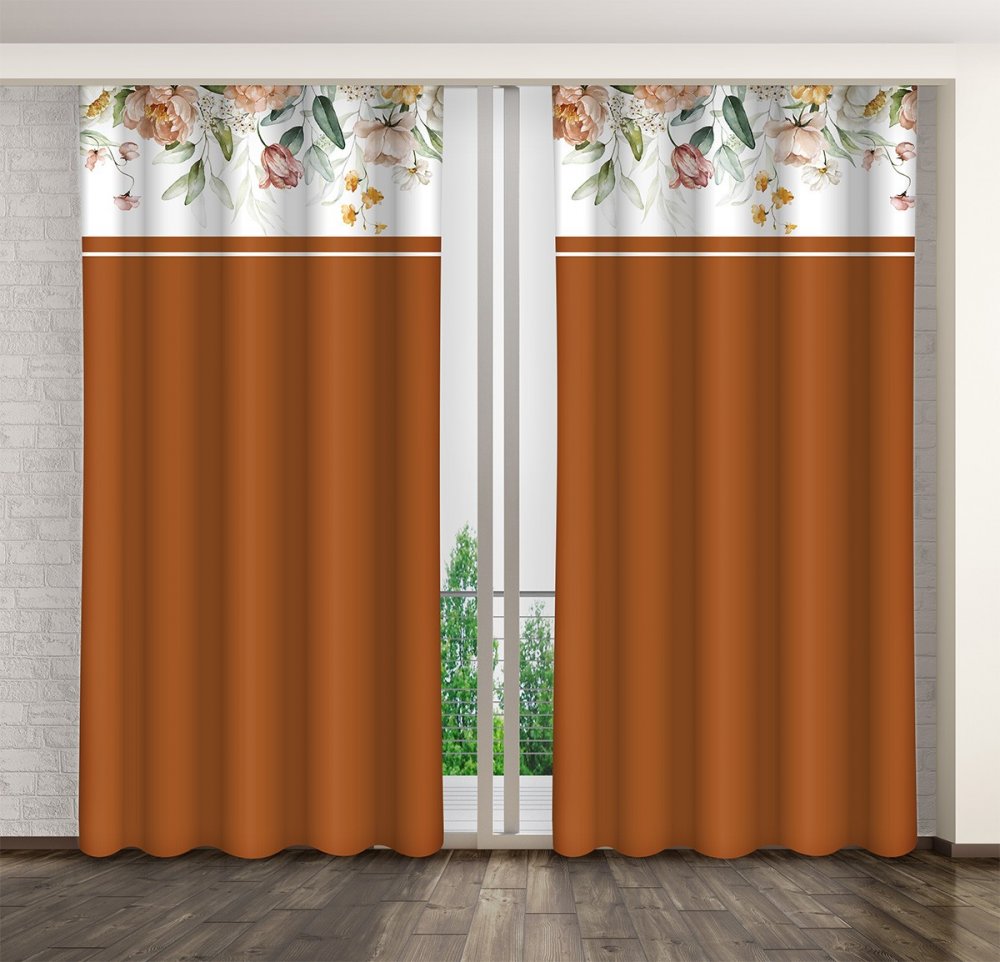 Elegantný tehlový záves s potlačou farebných kvetov Dĺžka: 250 cm Elegantný tehlový záves s potlačou farebných kvetov Dĺžka: 250 cm