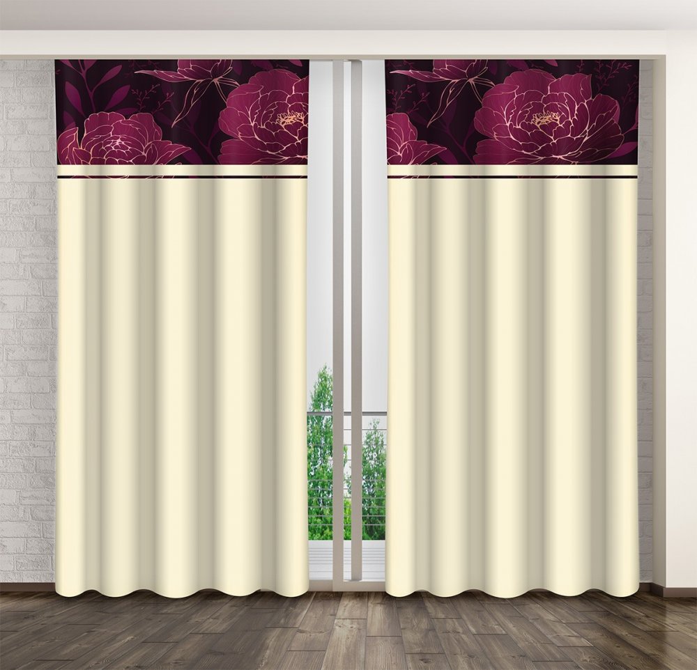 Elegantný záves v béžovej farbe s potlačou bordových pivónií Dĺžka: 250 cm Elegantný záves v béžovej farbe s potlačou bordových pivónií Dĺžka: 250 cm