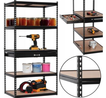 Kovový regál s 5 policami a zásuvkou – 180 x 90 x 60 cm