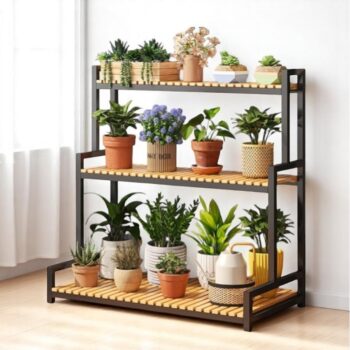 Kovový stojan na rastliny 3-poschodová polica na kvety v loft štýle 95 cm