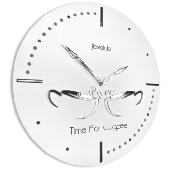Kuchynské nástenné hodiny so striebornými šálkami - biele