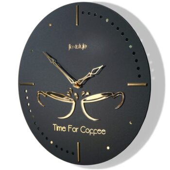Kuchynské nástenné hodiny so zlatými šálkami - čierne