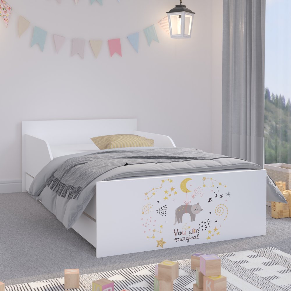 Kvalitná detská posteľ s mačičkou a hviezdami 180 x 90 cm Kvalitná detská posteľ s mačičkou a hviezdami 180 x 90 cm