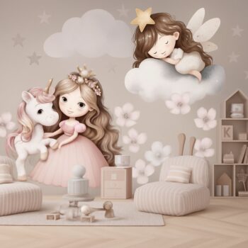 Nástenná nálepka do detskej izby, škôlky a jaslí - princezná a jednorožec Šírka: 100 cm | Dĺžka: 200 cm