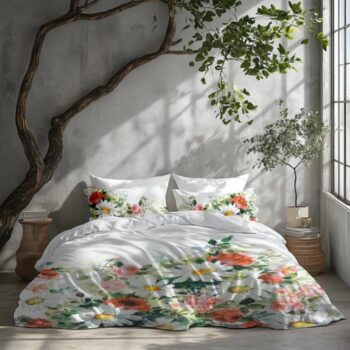 Obliečky s bavlneného saténu - margarétky a ruže na bielom podklade 3 časti: 1ks 220x200 + 2ks 70x80