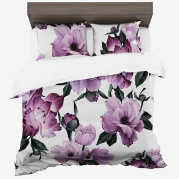 Posteľné obliečky zo syntetickej bavlny s výraznými fialovými kvetmi - biele 2 časti: 1ks 140x200 + 1ks 70x80 2 časti: 1ks 140 cmx200 + 1ks 70 cmx80