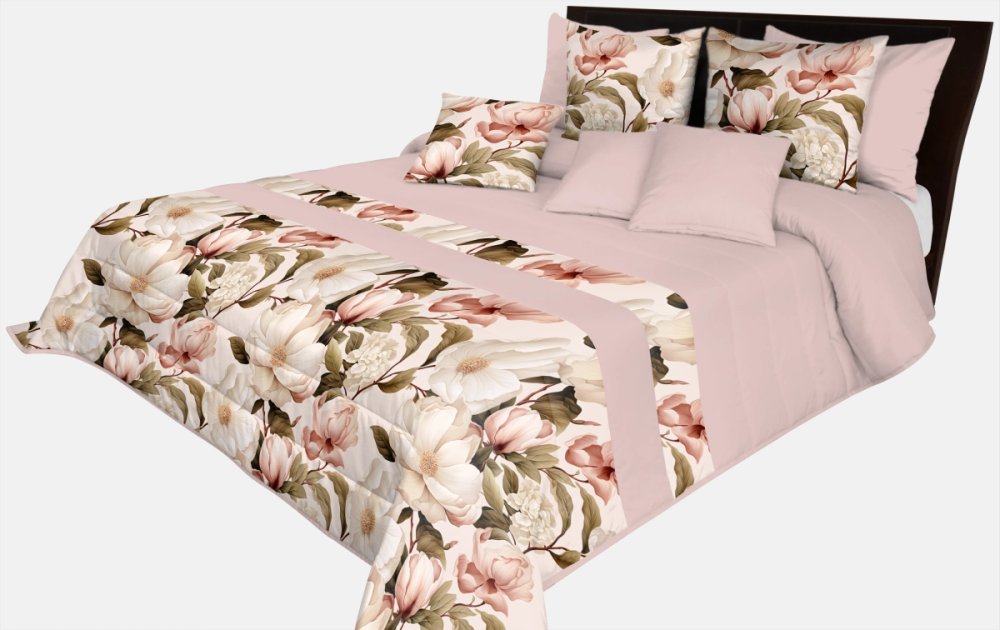 Prehoz na posteľ v púdrovo ružovej farbe s jemným vzorom pivónii Šírka: 220 cm | Dĺžka: 240 cm Prehoz na posteľ v púdrovo ružovej farbe s jemným vzorom pivónii Šírka: 220 cm | Dĺžka: 240 cm