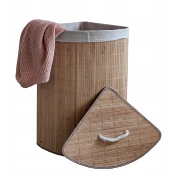 Rohový bambusový kôš na prádlo s vekom 60L svetlo hnedá