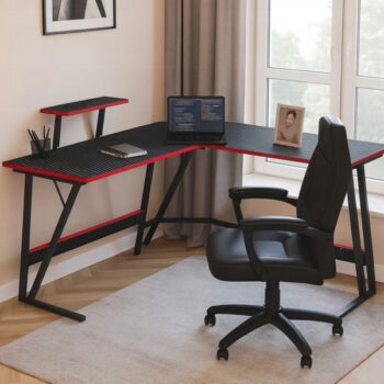 Rohový gamingový stôl BG02 – čierny s poličkou na monitor