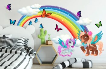 Rozprávková dúhova nálepka na stenu– jednorožec, obloha a motýle Šírka: 80 cm | Dĺžka: 160 cm