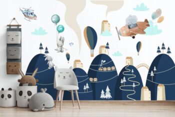 Roztomilá veľká detská nálepka na stenu s kopcami a cestovateľmi 100 x 200 cm