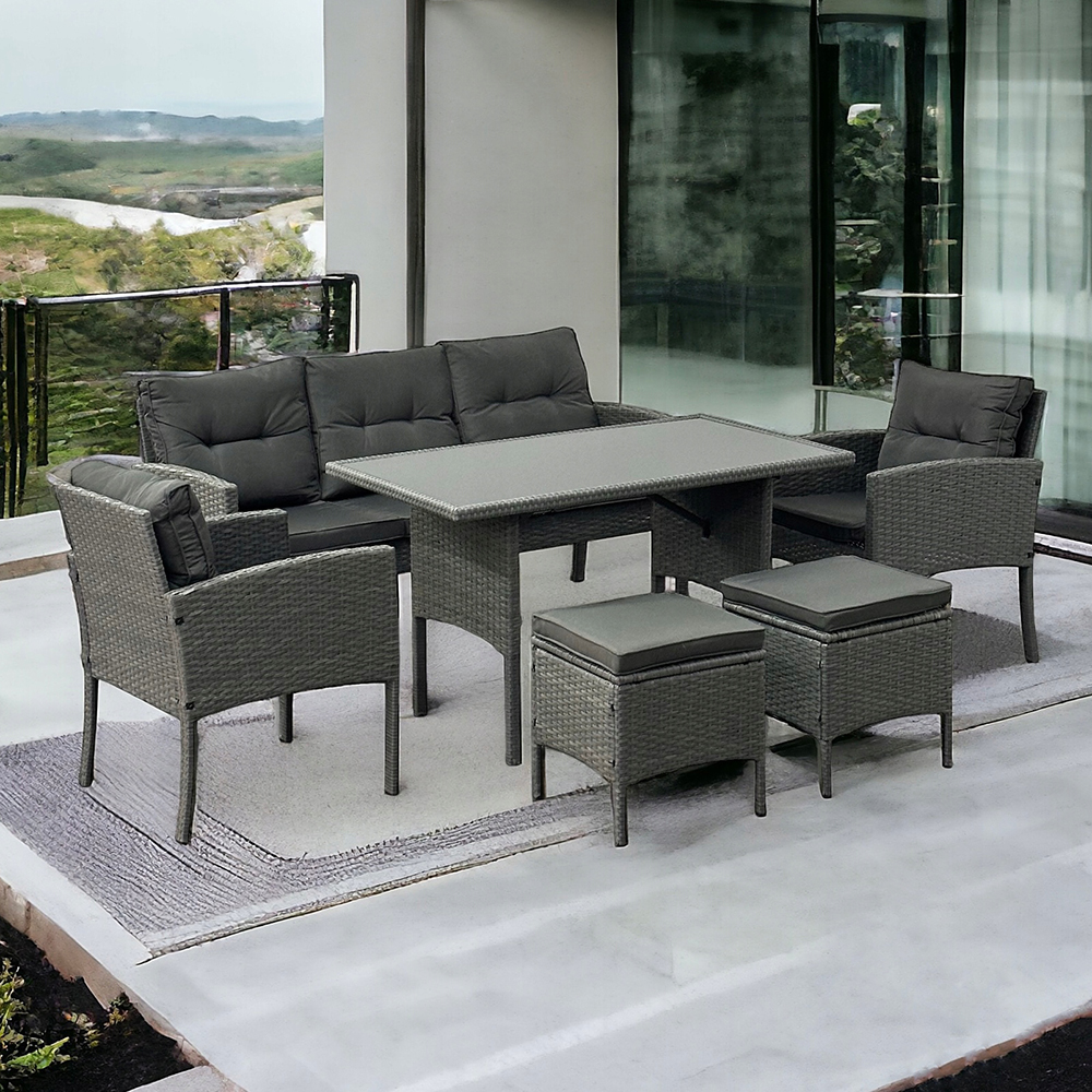 Sivá ratanová súprava - pohovka - kreslá a taburetky Sivá ratanová súprava - pohovka - kreslá a taburetky