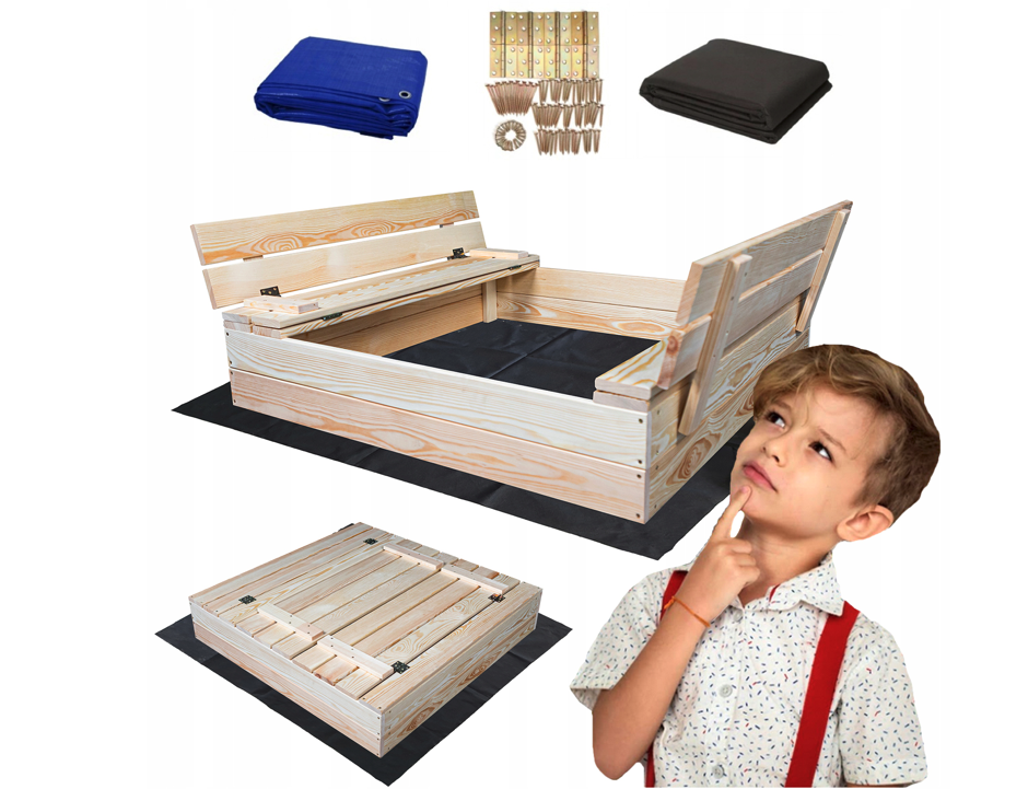 Uzatvárateľné drevené pieskovisko s lavičkami 100 x 100 cm Uzatvárateľné drevené pieskovisko s lavičkami 100 x 100 cm