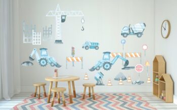 Veľká modrá nálepka na stenu pre chlapcov staviteľov 120 x 240 cm