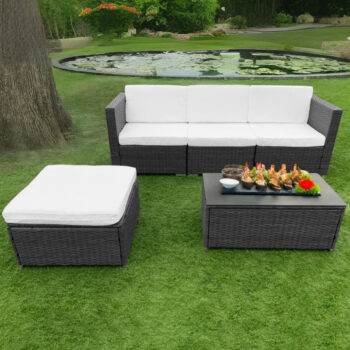 Záhradný rohový set z technoratanu s mäkkými poduškami a skleneným stolíkom