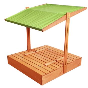 Zatvárateľné pieskovisko s lavičkami a strieškou zelenej farby 120 x 120 cm