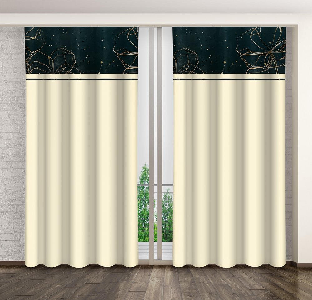Záves v béžovej farbe s potlačou zlatých kvetín na čierno-zelenom leme Dĺžka: 250 cm Záves v béžovej farbe s potlačou zlatých kvetín na čierno-zelenom leme Dĺžka: 250 cm