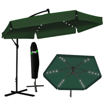 Zelený záhradný slnečník so stojanom a LED osvetlením