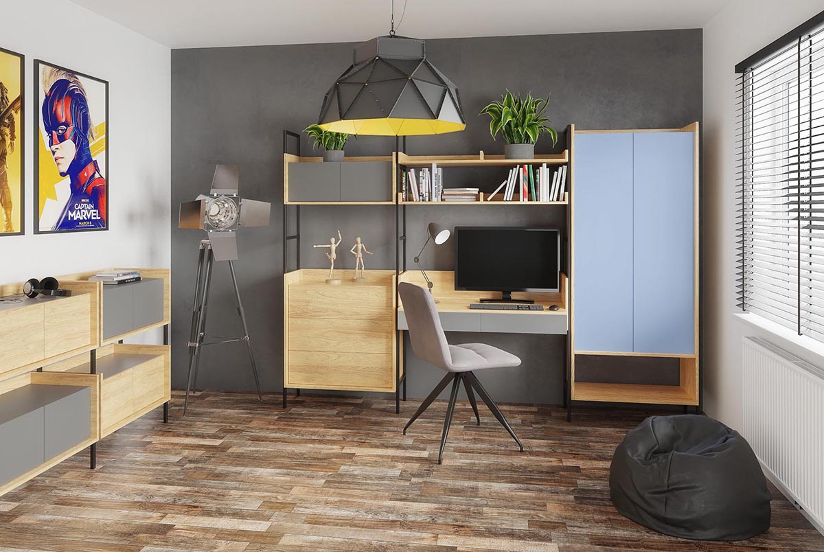 HALMAR Mobius študentská izba prírodný orech / modrá / sivá HALMAR Mobius študentská izba prírodný orech / modrá / sivá