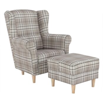 KONDELA Astrid kreslo (ušiak) s taburetkou buk / hnedá károvaná