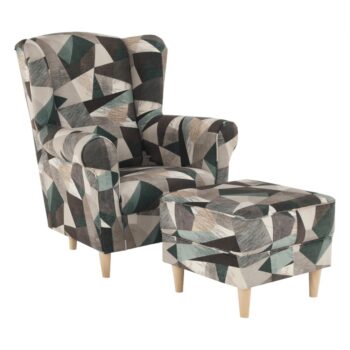 KONDELA Astrid kreslo (ušiak) s taburetkou hnedozelený vzor