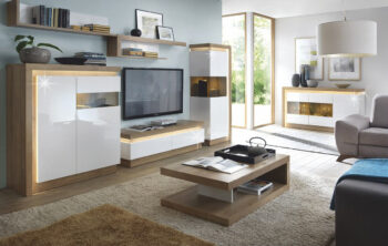 KONDELA Leonardo obývacia izba s osvetlením dub riviera / biely vysoký lesk