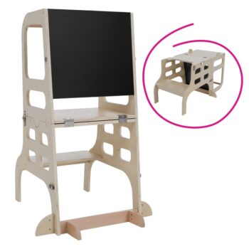 KONDELA Magan montessori učiaca veža s tabuľou 3v1 prírodná