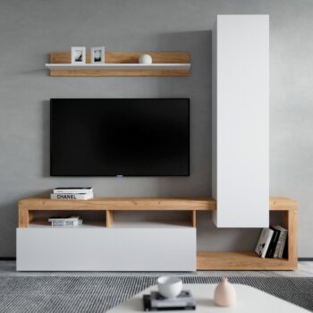 KONDELA Mima obývacia stena biela / dub craft zlatý