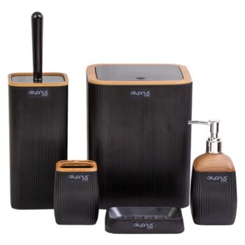 KONDELA Mirko Typ 2 sada kúpeľňových doplnkov (5 ks) čierna / hnedá