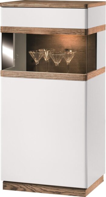 TARANKO Como CM-W3/4 P vitrína s osvetlením biely vysoký lesk / dub Como