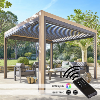 DEOKORK Záhradný hliníkový altánok elektrický MEGAN 4x3 m (efekt dreva)