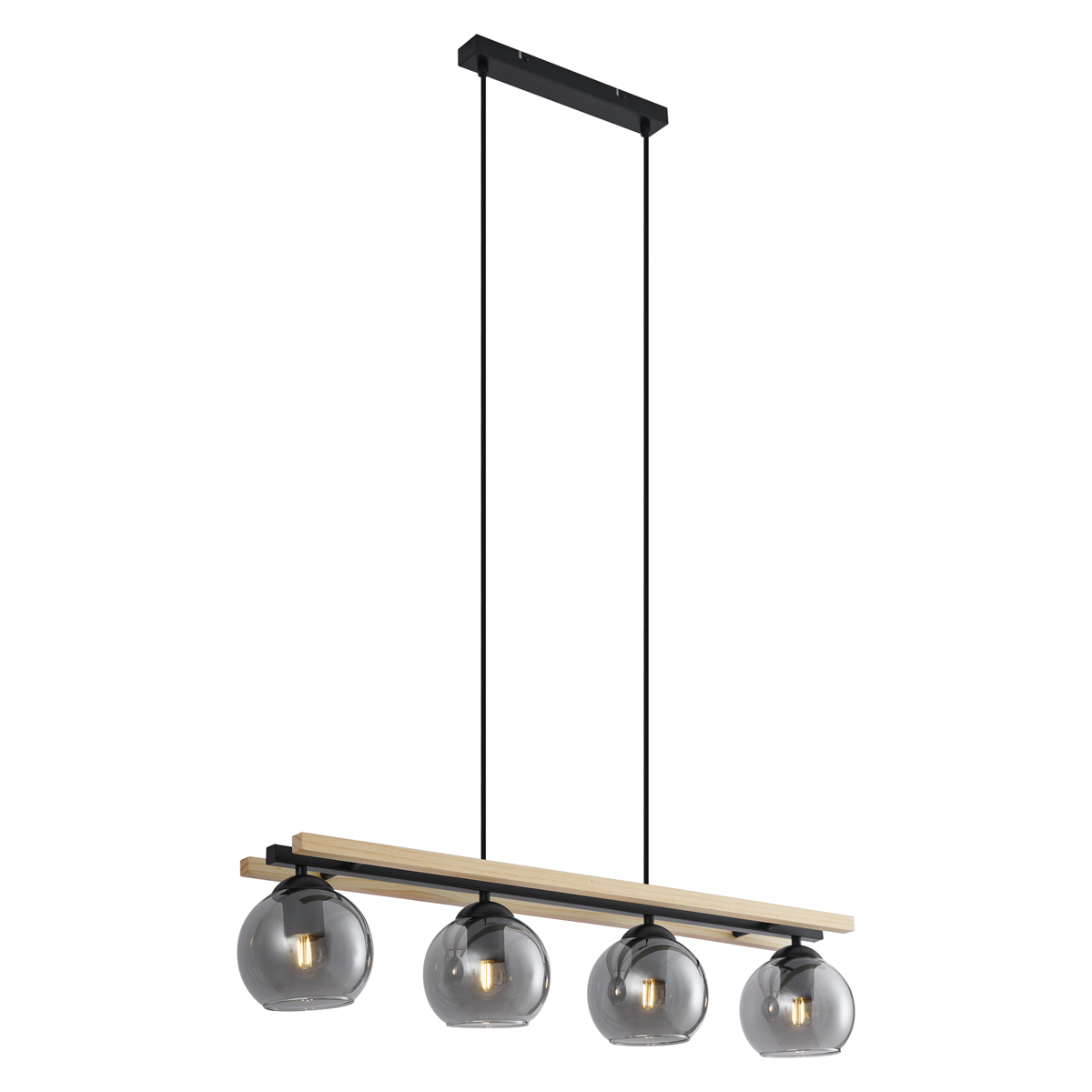 Moderné závesné svietidlo čierne s drevom a dymovým sklom 4-svetlá - Aleks Moderné závesné svietidlo čierne s drevom a dymovým sklom 4-svetlá - Aleks