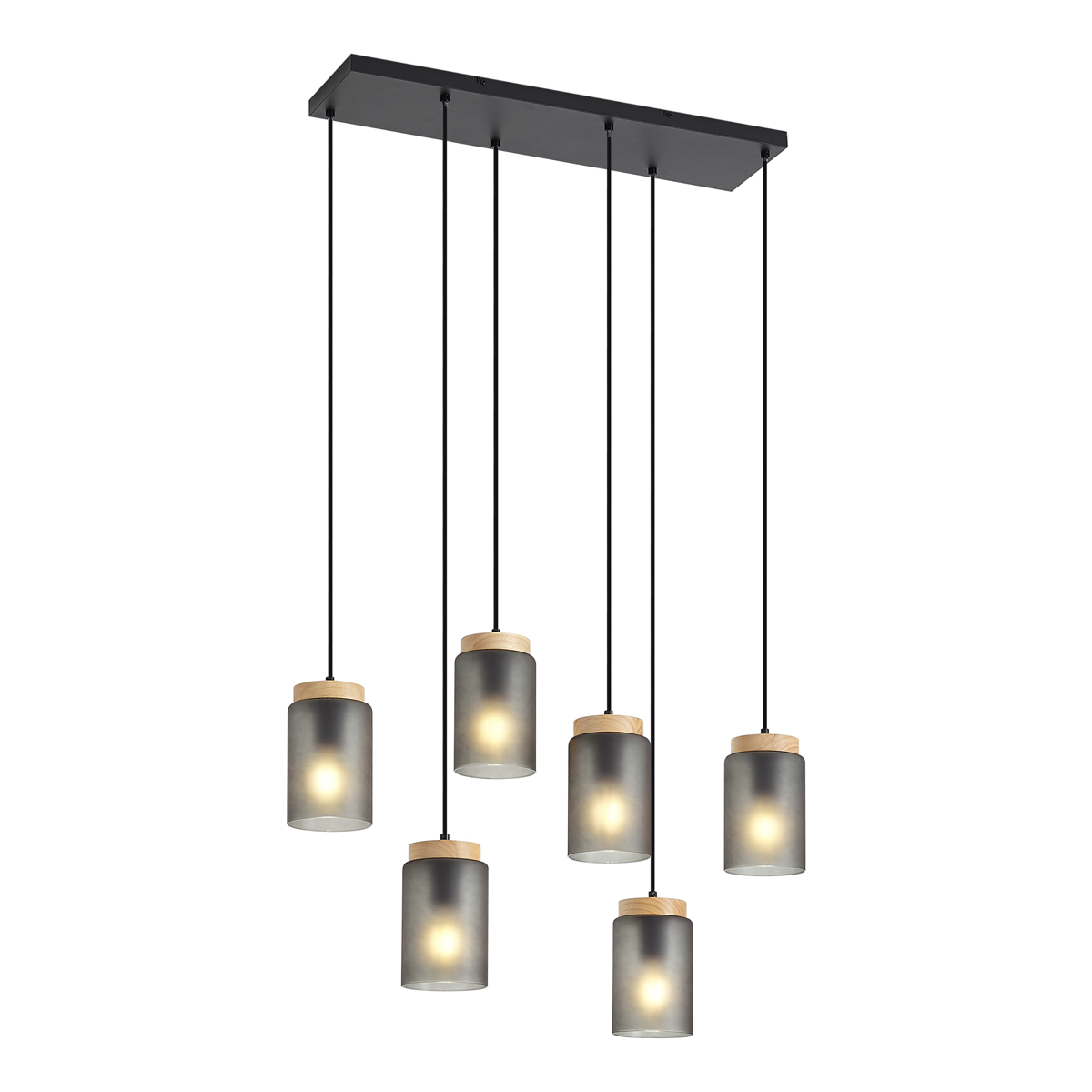 Moderné závesné svietidlo čierne s drevom a matným sivým sklom 6-svetiel - Umbra Moderné závesné svietidlo čierne s drevom a matným sivým sklom 6-svetiel - Umbra